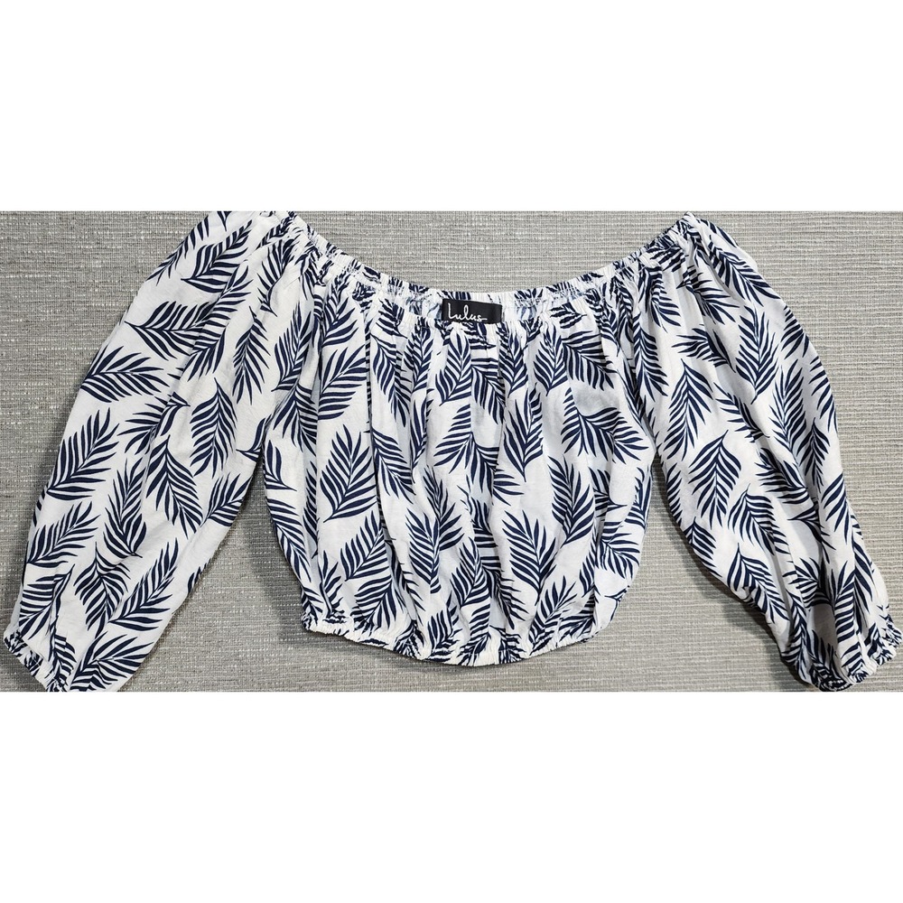 Lulus Womens XS Off The Shoulder Crop Top Navy Blue White Tropical